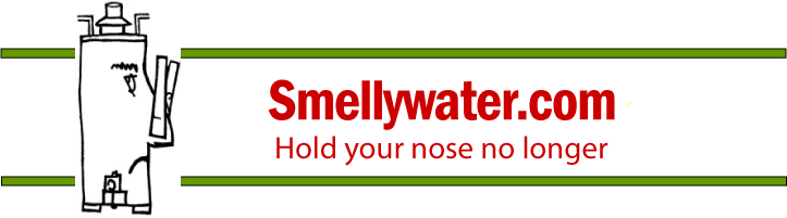 Smellywater.com banner, cartoon of water heater holding its nose